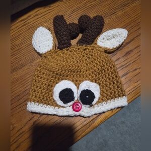 Hand Crochet Infant/Toddler Rudolph Hat- OS